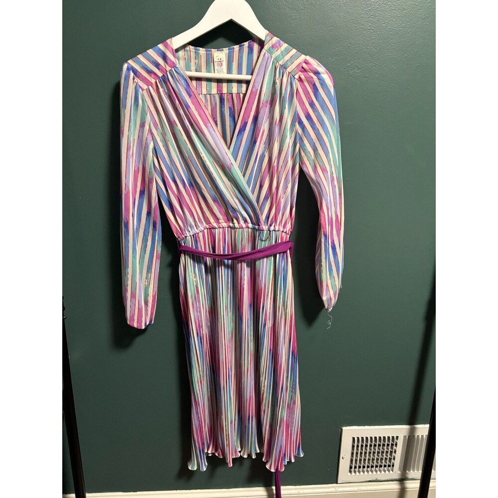 Vintage Union Made Dress Size 7/8 Airy Long Sleeve Multicolor USA 1970 1980